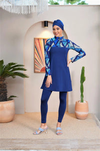 SX Shoulder Printed Swimwear Set Navy Blue