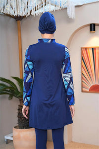 SX Shoulder Printed Swimwear Set Navy Blue