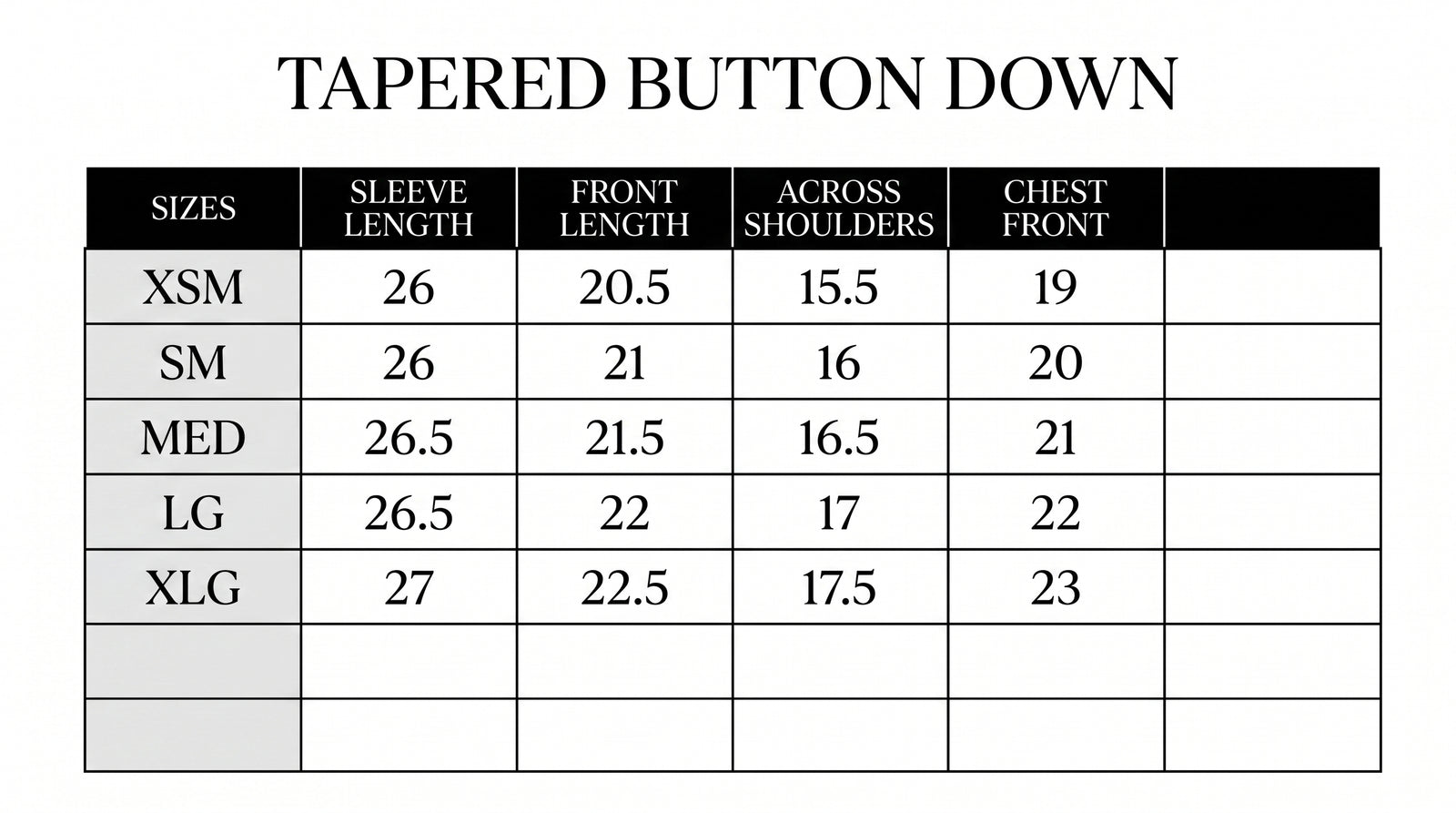 Product size chart