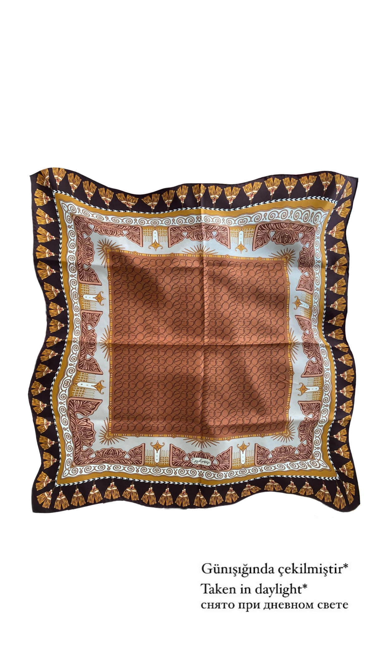 EG Fringe Logo Silk Scarf Brown