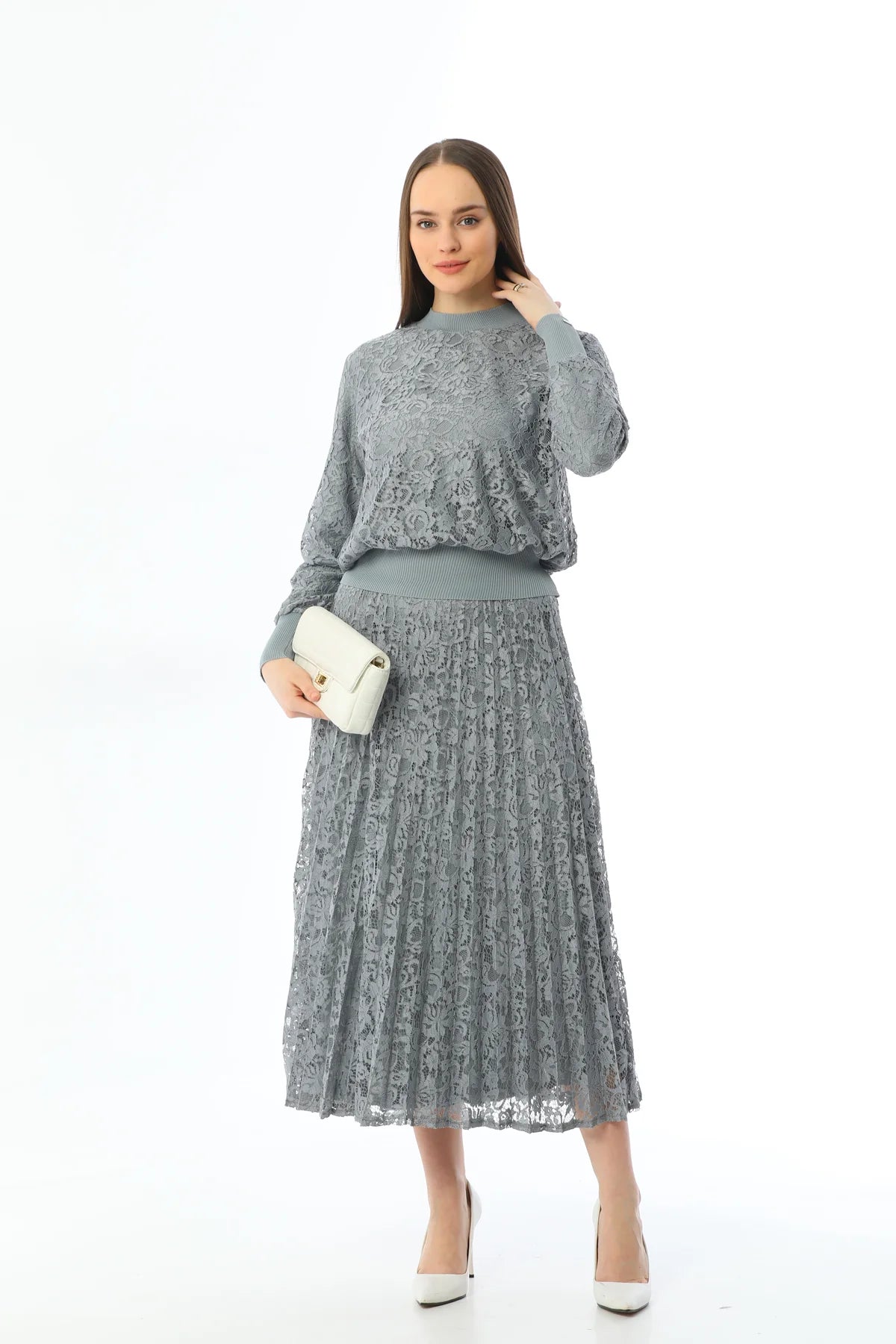 Invee Lace 2 Piece Skirt Set Gray