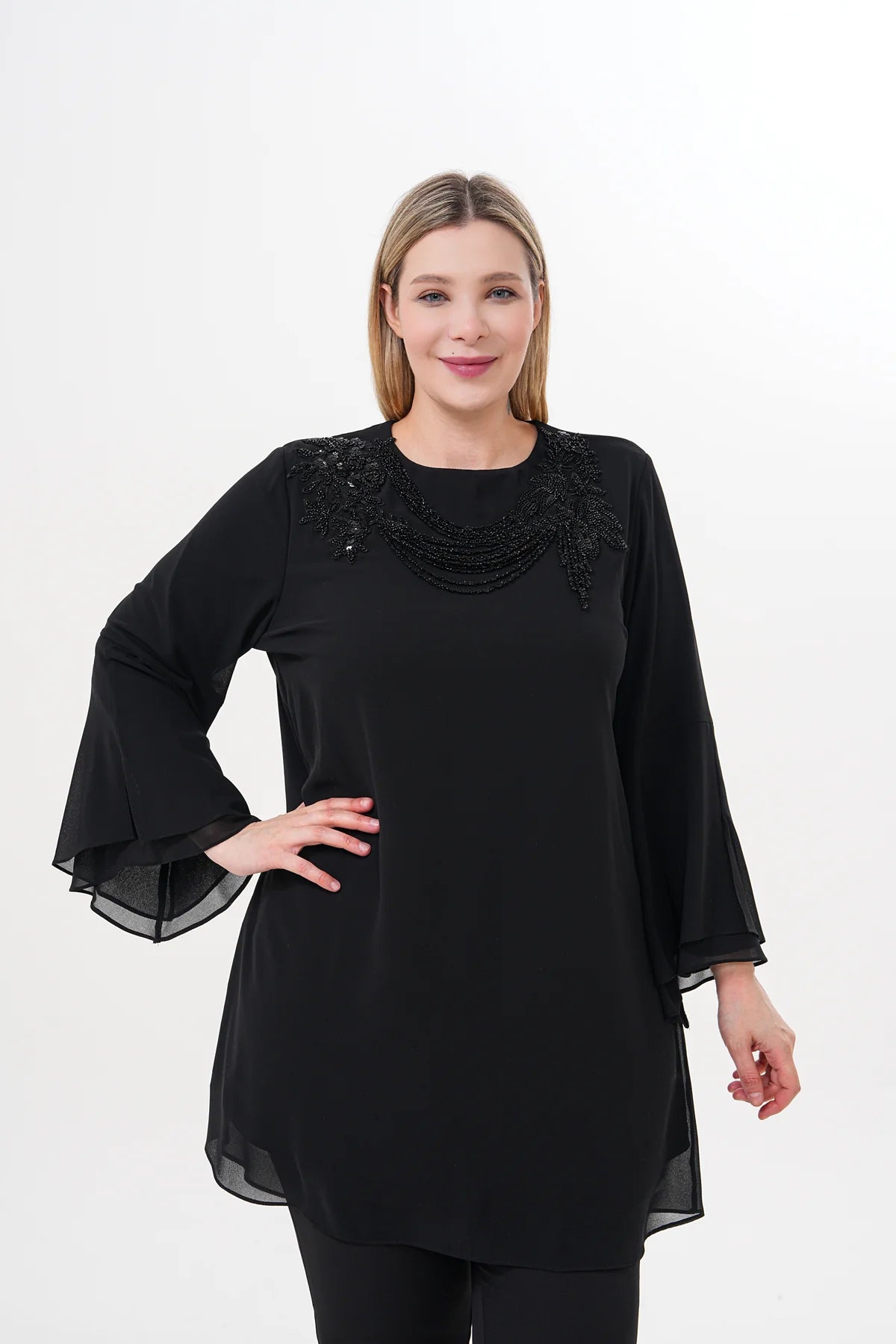 F&G Chiffon Beaded Tunic Black