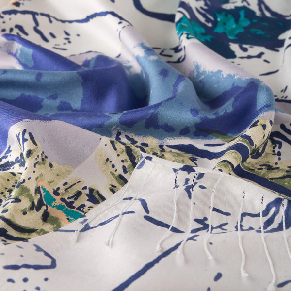 Ipekevi 02607 White Navy Wild Rose Print Silk Shawl