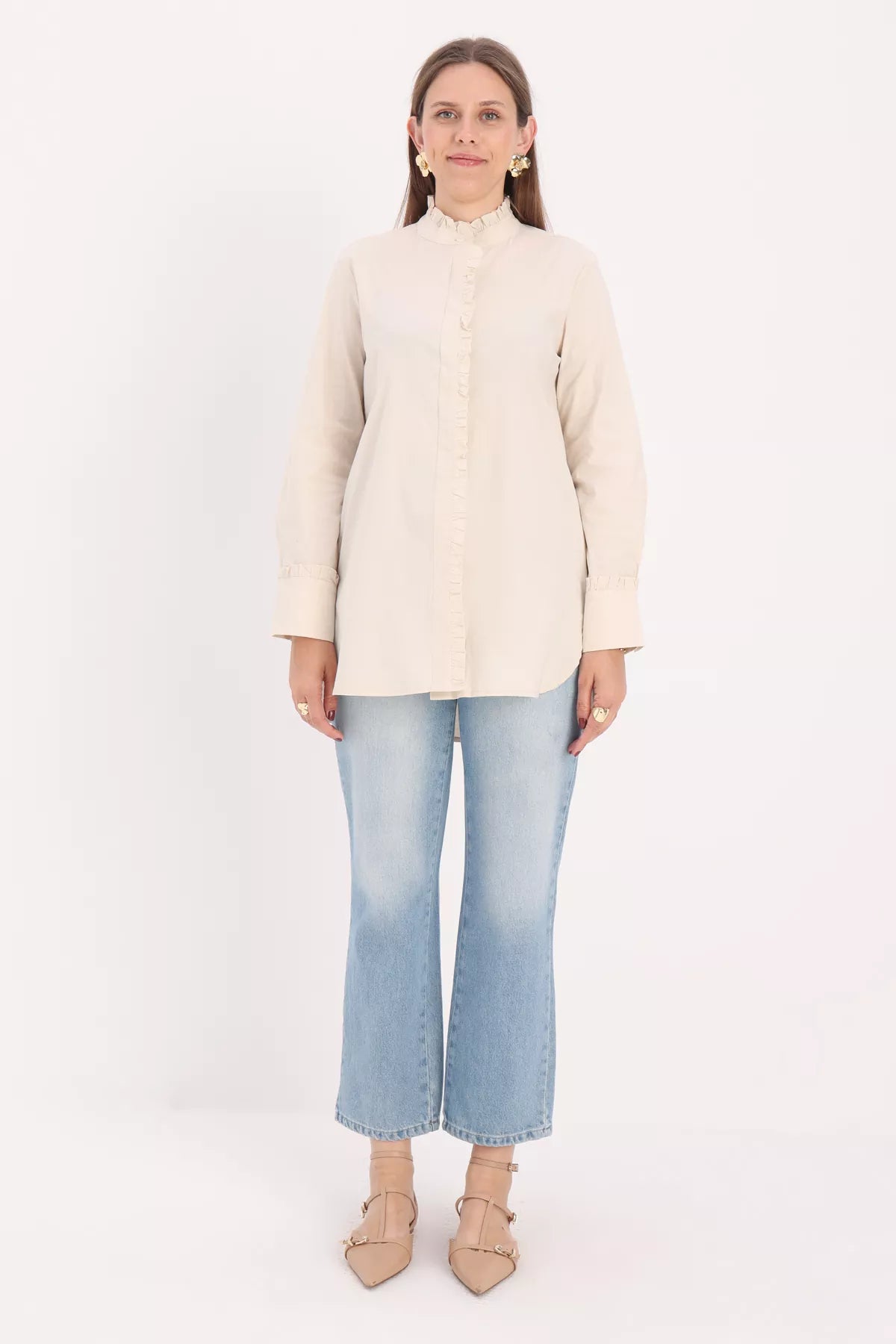 All Frilled Crew Neck Shirt Stone