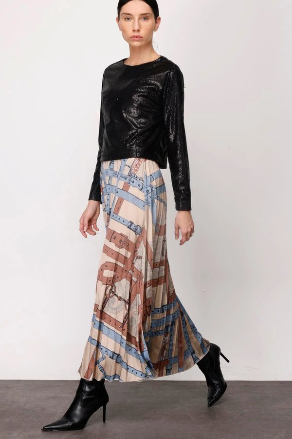 N&T Belt Printed Pleated Skirt Beige