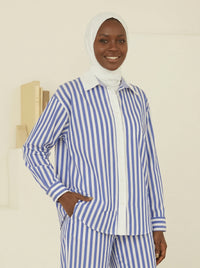 Women's Blue Stripe Poplin Button-Up Shirt by Skies Are Blue