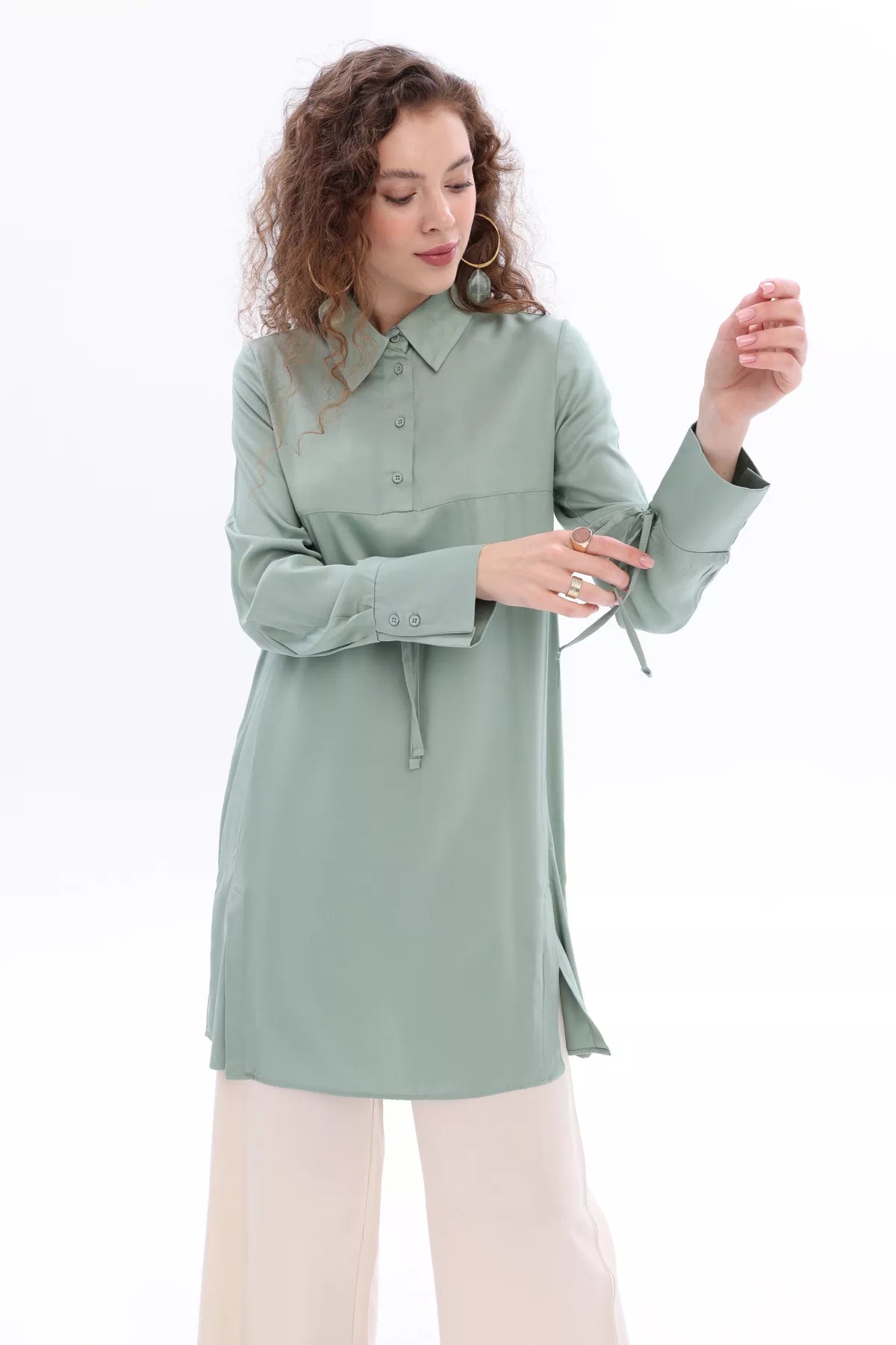 All Slit Shirt Collar Tunic Dark Laurel